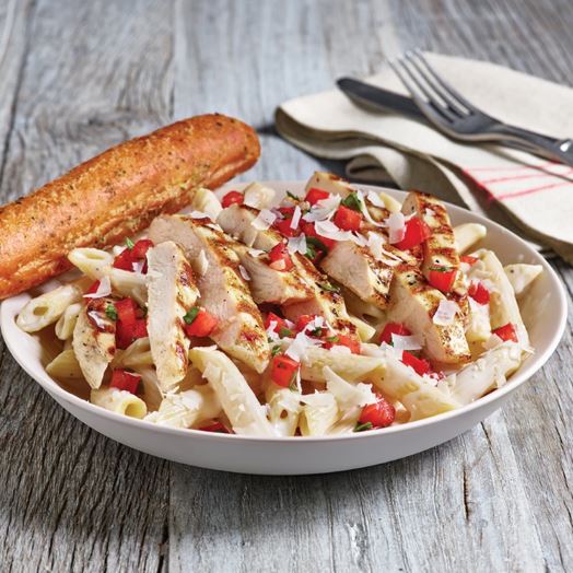 Three cheese chicken penne with breadsticks